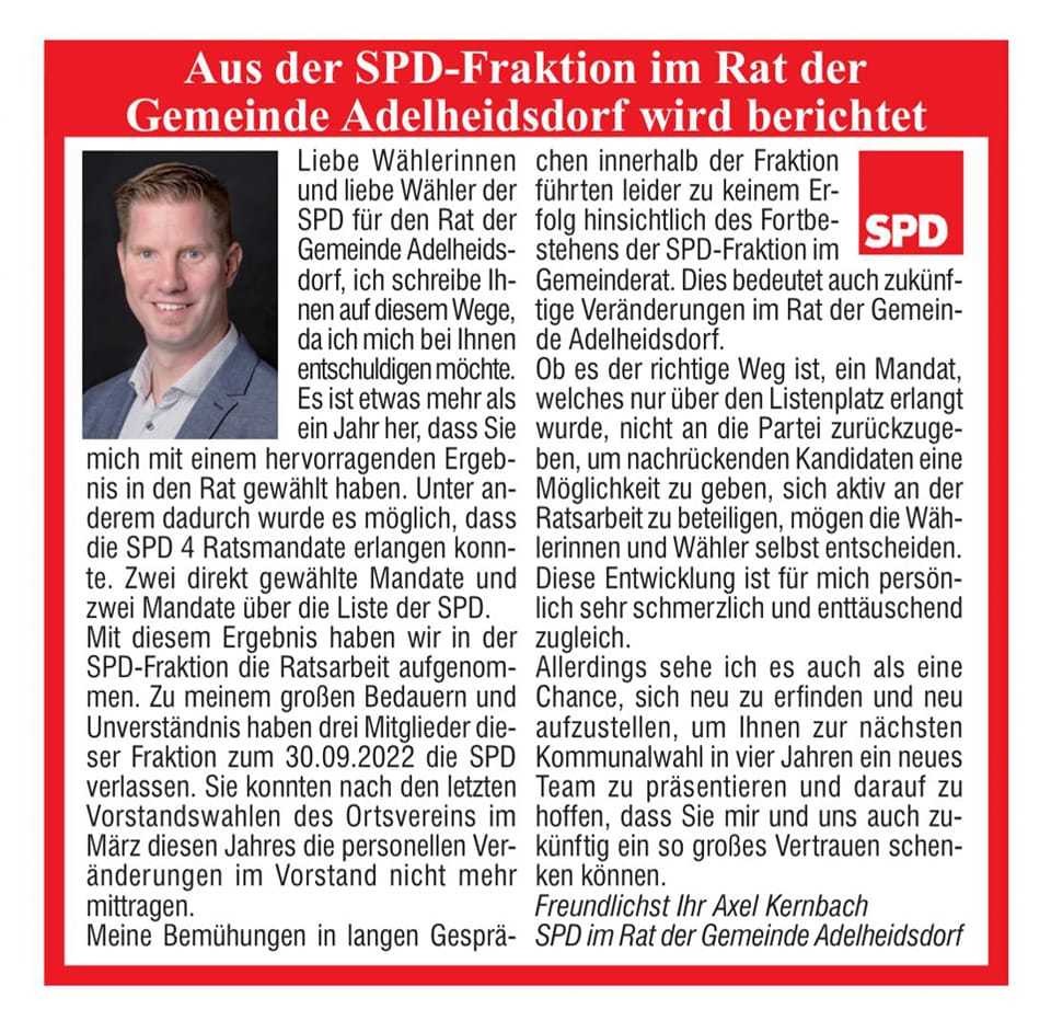 Bericht aus der SPD Fraktion Adelheidsdorf 17 10 2022